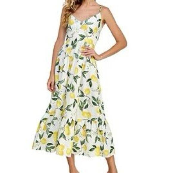 Layered with Love Floral Lemon Print Maxi Sleeveless Lines Cotton Dress 3X - Picture 2 of 7